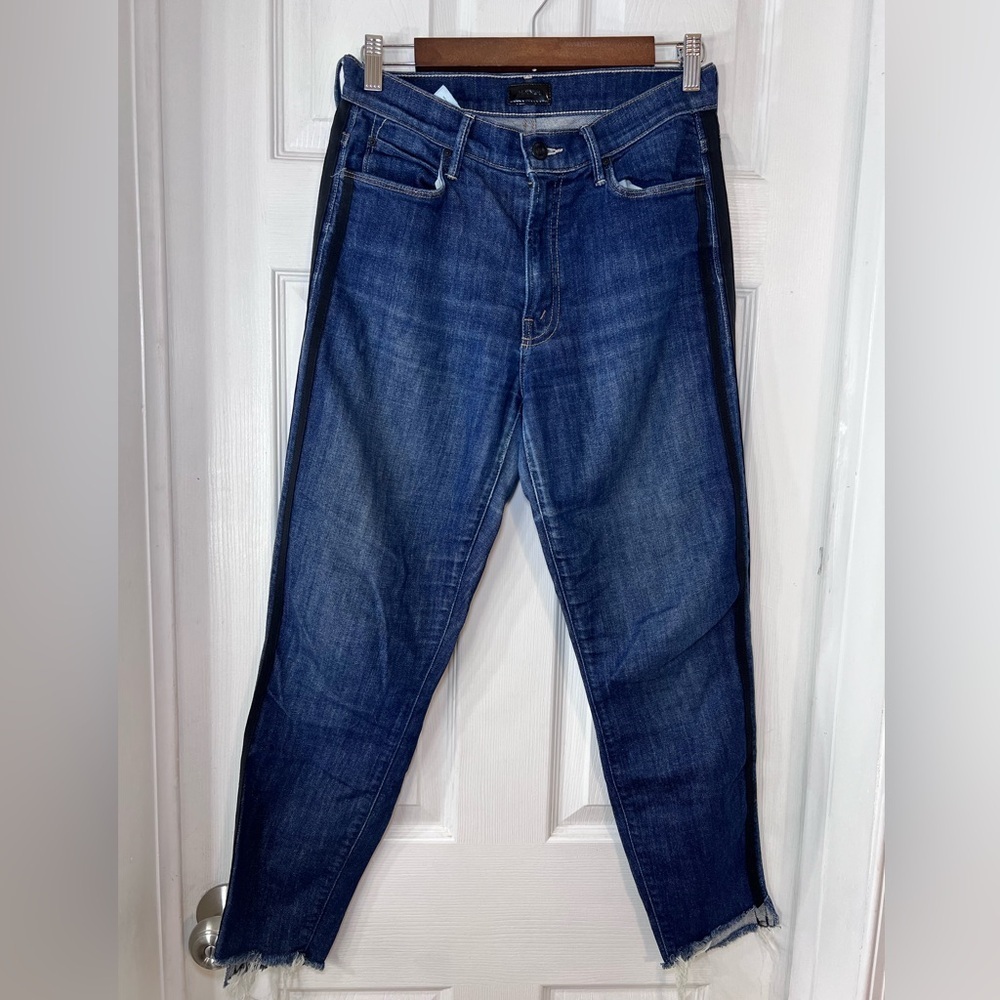 MOTHER Blue Denim Jeans with Black Leather Patch